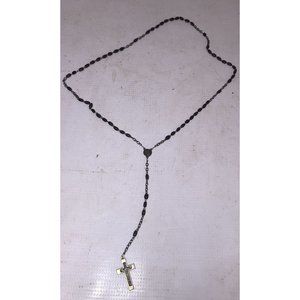Rosary Necklace Chain w/ Black Beads- Catholic Cross Crucifix- about 20.5 inches